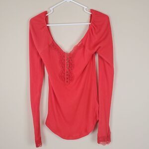 Free People Red Henley Off The Shoulder Long Sleeve Top